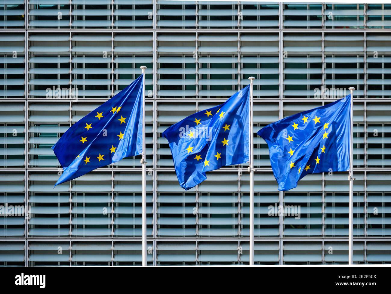 EU flags in front of European Commission Stock Photo