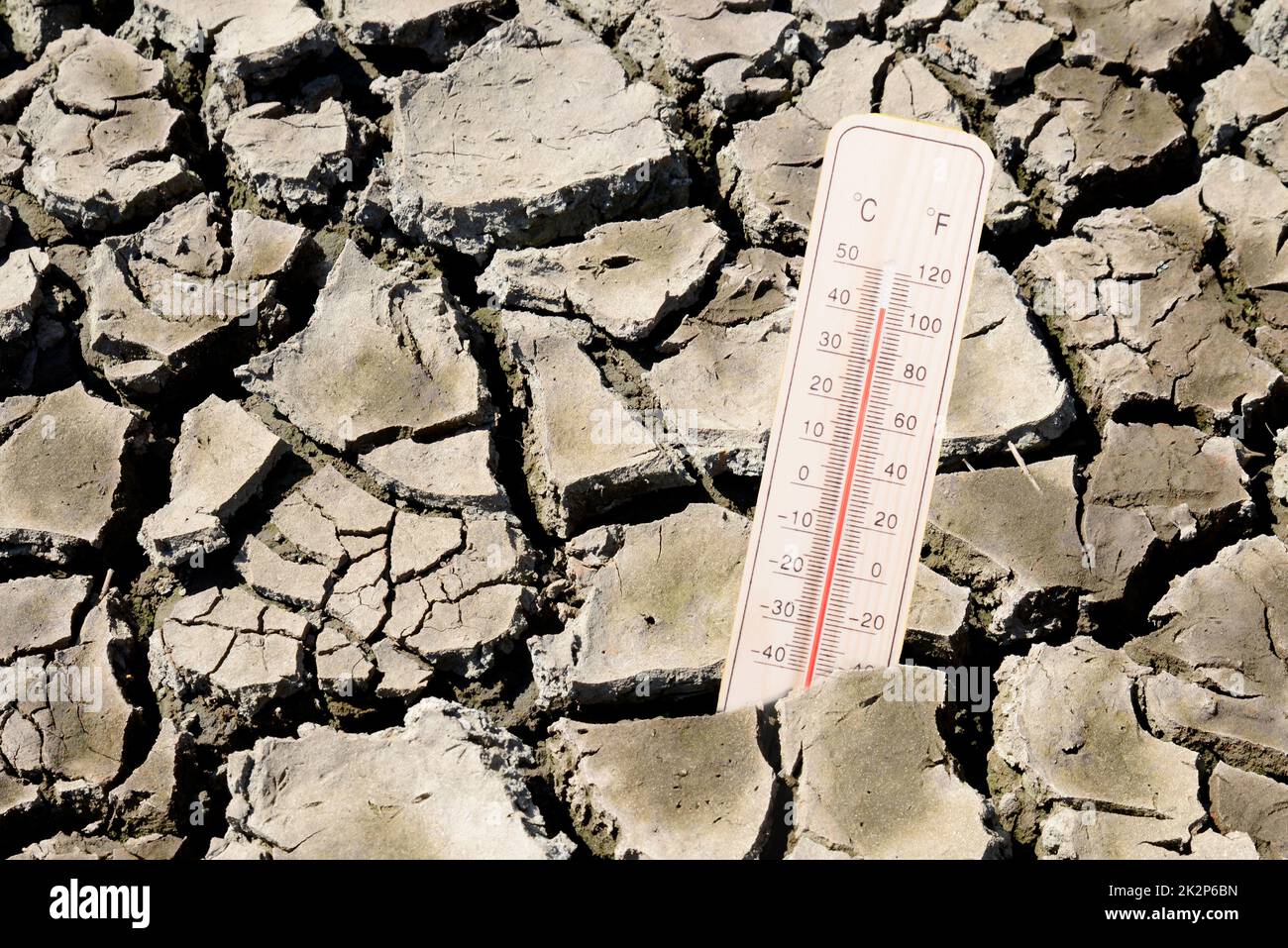 Dry earth with a thermometer, global warming and climate change concept, environmental discussion, extreme weather Stock Photo