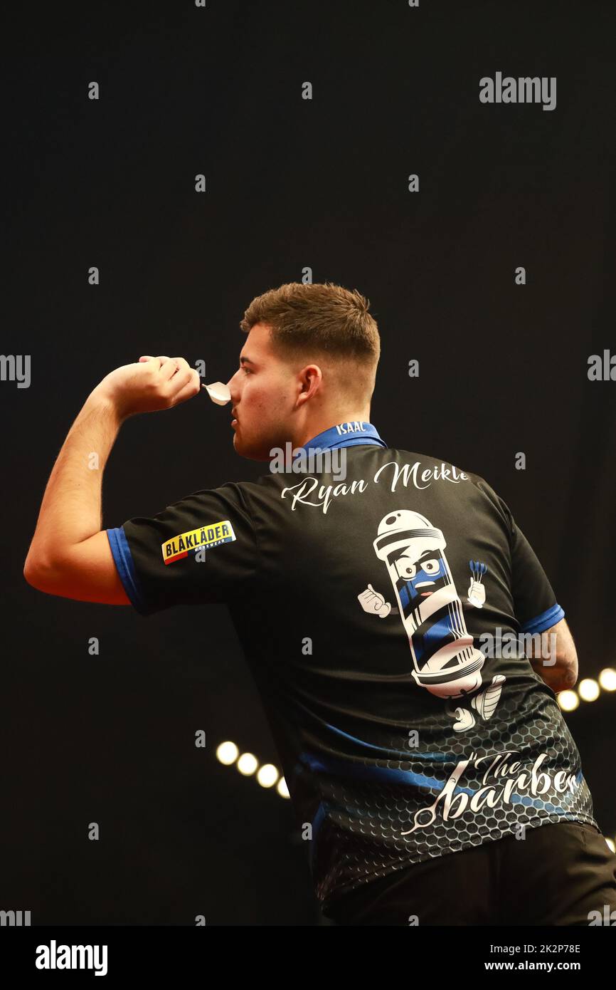 Wieze, Belgium. 23rd Sep, 2022. English Ryan Meikle pictured in action during the first day of the Belgian Darts Open, a tournament in the European Tour that takes places from September 23 until September 25 in Wieze, Friday 23 September 2022. BELGA PHOTO MARIJN DE KEYZER Credit: Belga News Agency/Alamy Live News Stock Photo