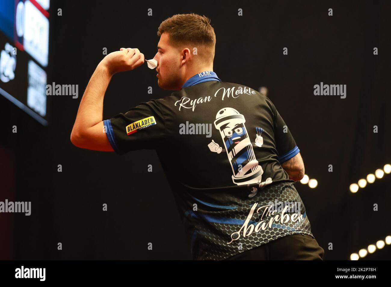 Wieze, Belgium. 23rd Sep, 2022. English Ryan Meikle pictured in action during the first day of the Belgian Darts Open, a tournament in the European Tour that takes places from September 23 until September 25 in Wieze, Friday 23 September 2022. BELGA PHOTO MARIJN DE KEYZER Credit: Belga News Agency/Alamy Live News Stock Photo