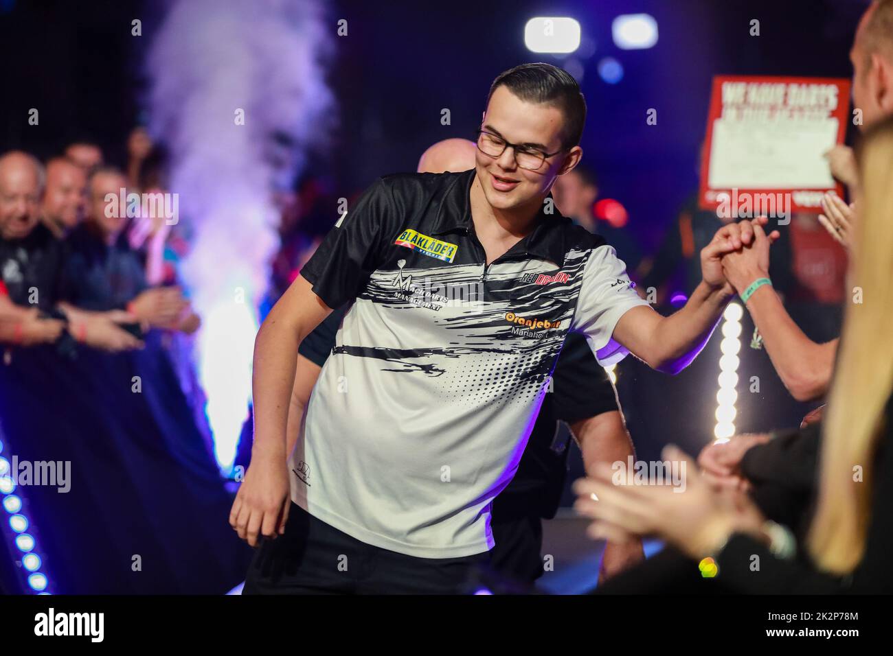 Dutch Gian Van Veen pictured at the first day of the Belgian Darts Open, a  tournament in the European Tour that takes places from September 23 until  September 25 in Wieze, Friday