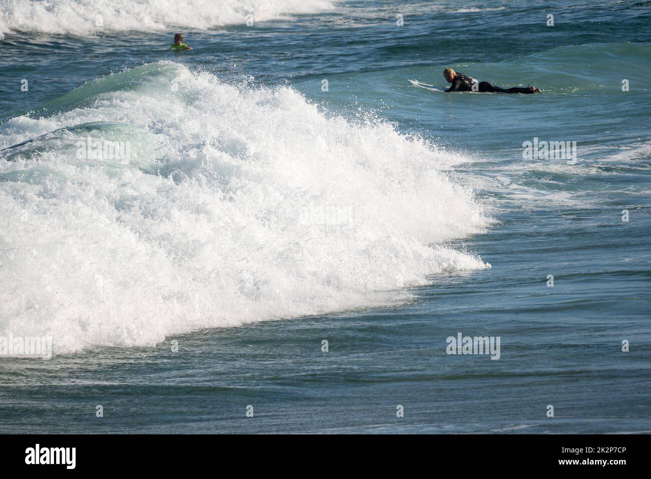 The large waves near Maroubra Beach and surfers on the water Stock Photo