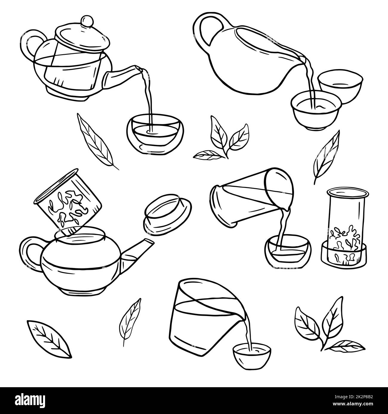 Tea ceremony doodle illustrations. Brewing Chinese tea hand drawn set