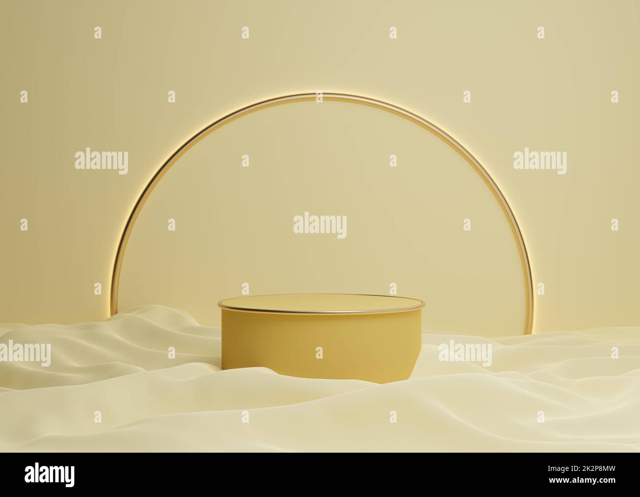 Warm, light, bright, pastel yellow 3D rendering luxurious product display podium or stand minimal composition with golden arch line in background and light Stock Photo