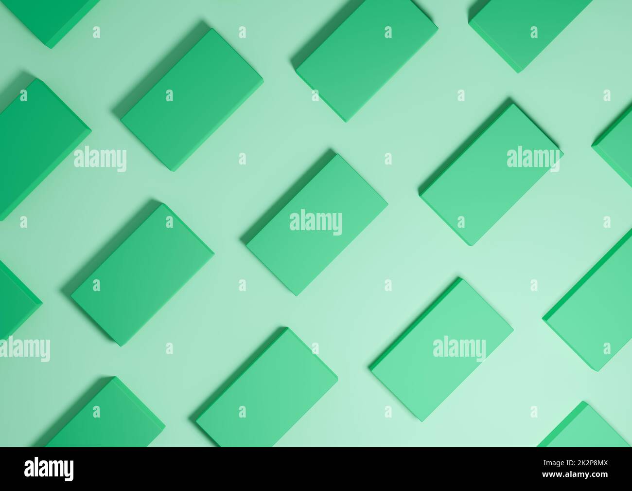 Bright turquoise green, 3D render minimal, simple, modern top view flat lay product display from above background with repetitive square stands in a pattern Stock Photo