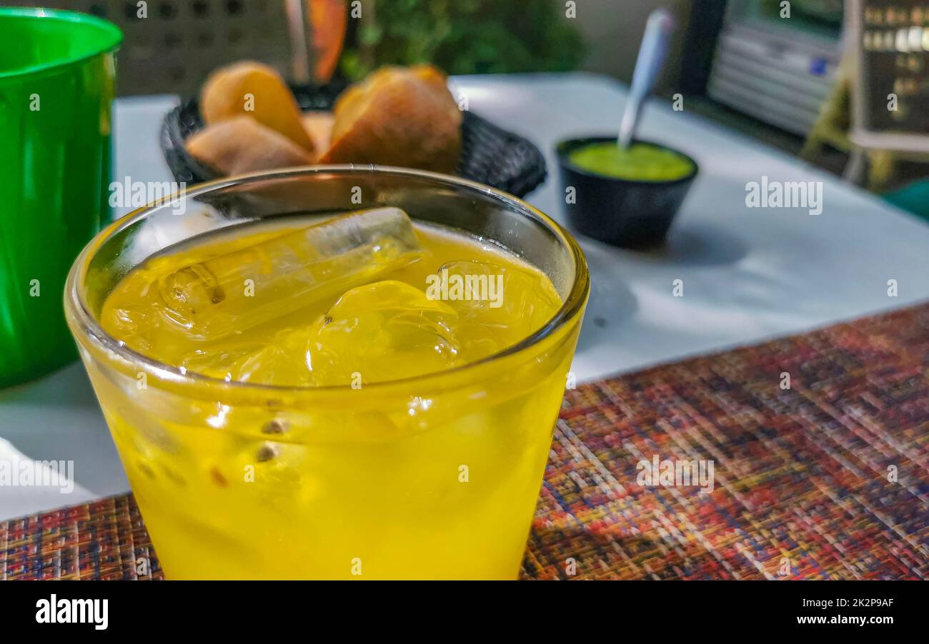 Passion fruit juice in restaurant PapaCharly Playa del Carmen Mexico