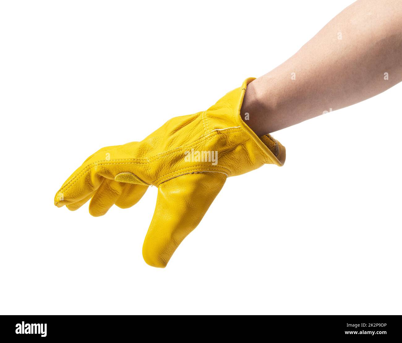 Male hand wearing yellow leather glove on white background Stock Photo