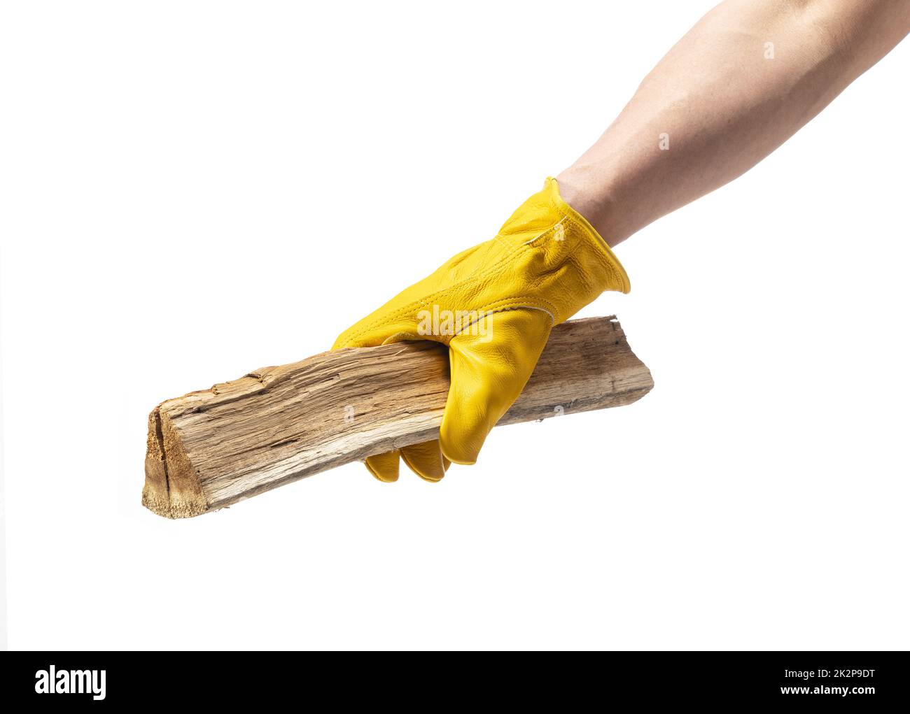 A male hand wearing yellow leather gloves holds firewood against a white background. Stock Photo