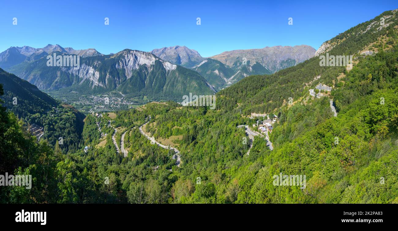 Panoramic image of the classic cycling climb to Alpe d'Huez, France. 2022 Stock Photo