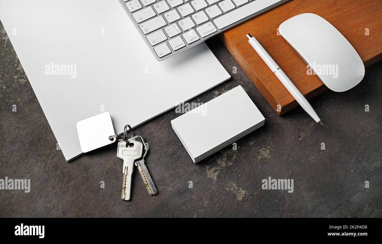Stationery, keys, gadgets Stock Photo