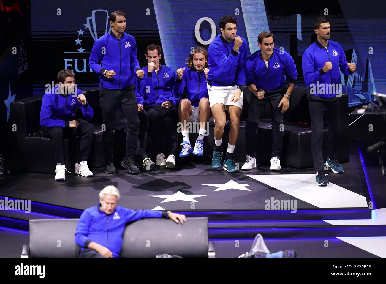 Team Europe celebrates Casper Ruud's victory against Team World's Jack Sock on day one of the Laver Cup at the O2 Arena, London. Picture date: Friday September 23, 2022. Stock Photo