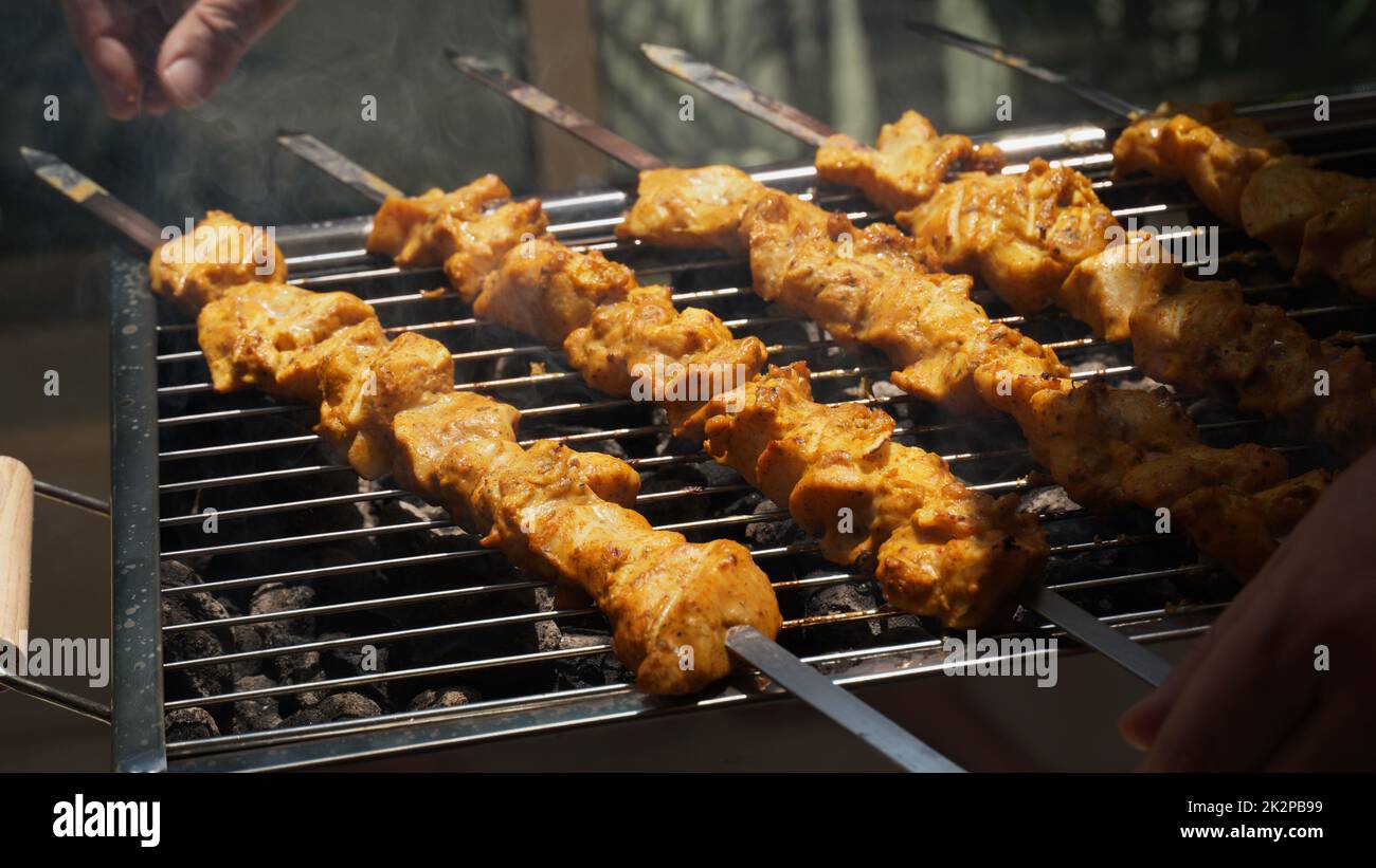 Marinated barbecue meat on skewer. Shish kebab or Shashlyk meaning skewered  meat. Beef or pork on grill on an open fire. Street food, picnic concept  Stock Photo