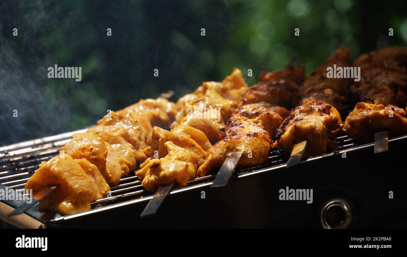 Grilling marinated shashlik on a grill. Shashlik is a form of Shish kebab  popular in Eastern, Central Europe and other places. Shashlyk meaning skewer  Stock Photo - Alamy