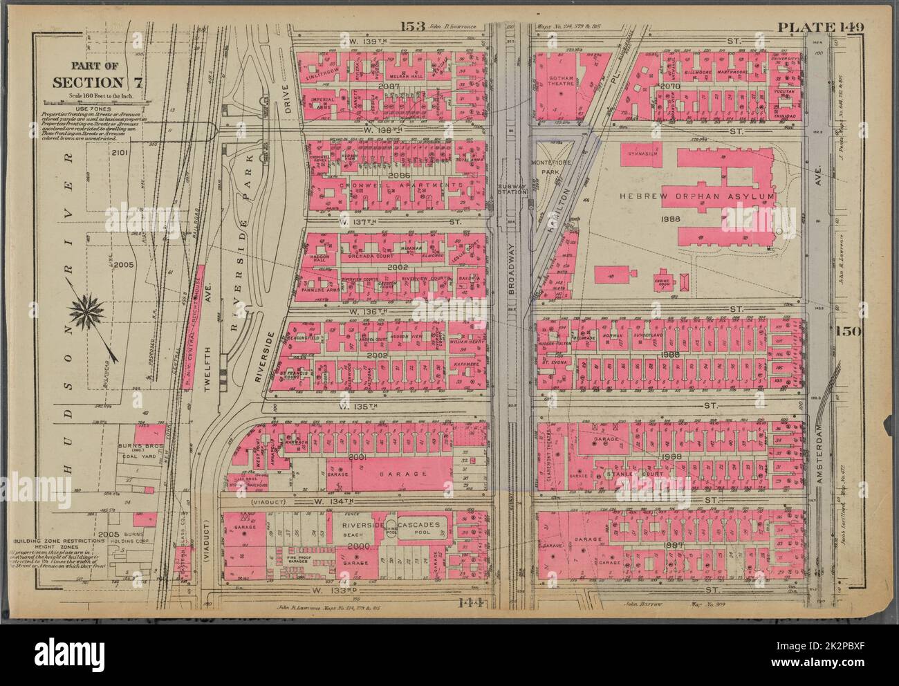 Cartographic, Maps. 1930. Lionel Pincus and Princess Firyal Map Division. Real property , New York (State) , New York, Manhattan (New York, N.Y.) Plate 149, Part of Section 7: Bounded by W. 139th Street, Amsterdam Avenue, W. 133rd Street and (Hudson River, Riverside Park) Riverside Drive Stock Photo