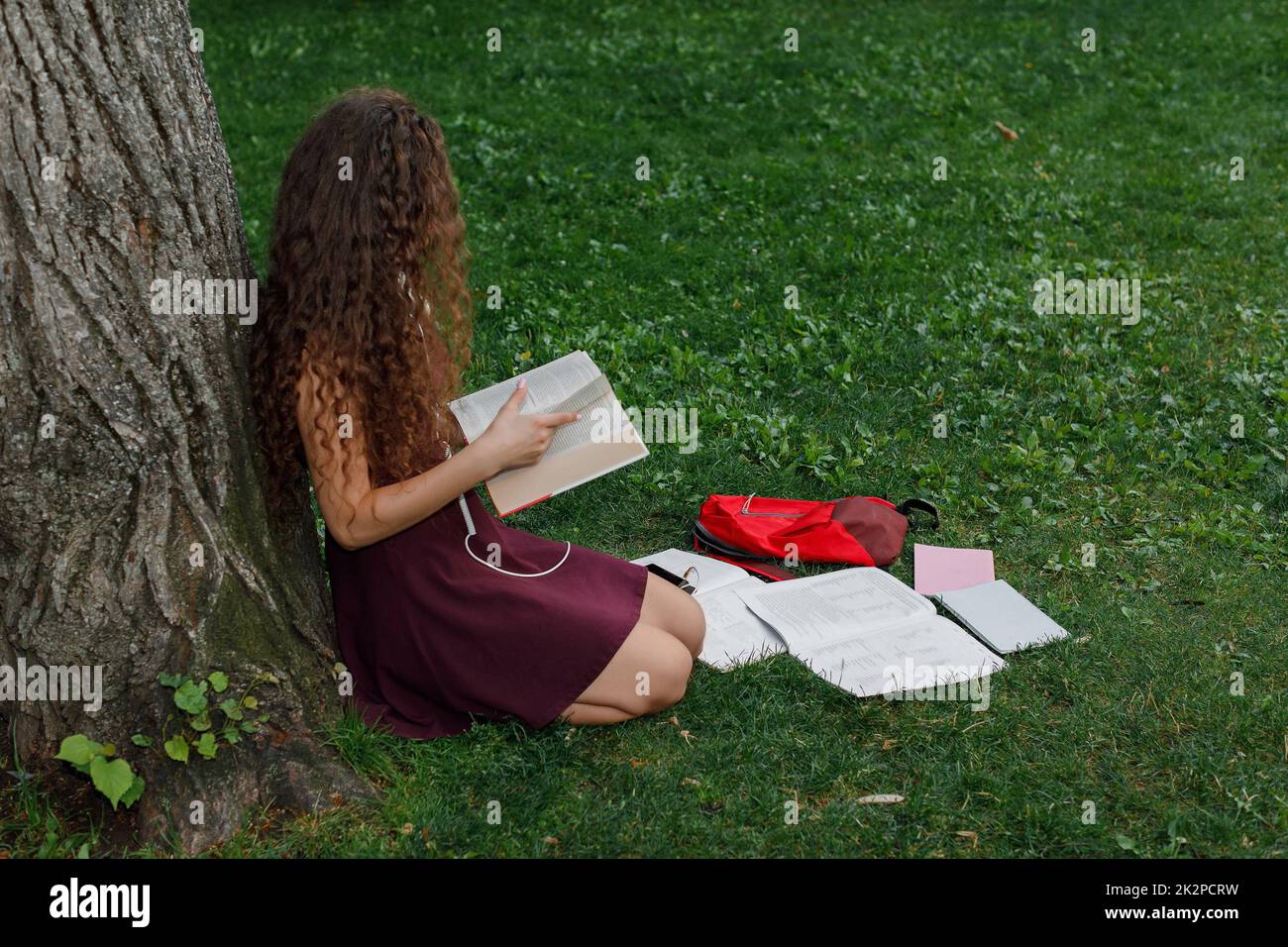 girl student holding book and sitting under tree Stock Photo