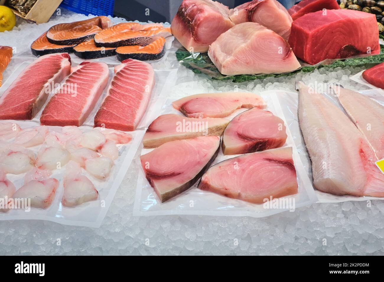 Salmon and tuna fillet for sale at a fish market Stock Photo Alamy