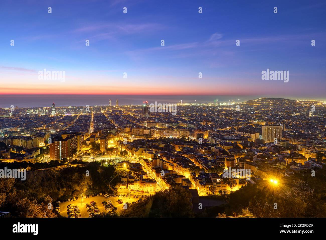 View over the lights of Barcelona before sunrise Stock Photo