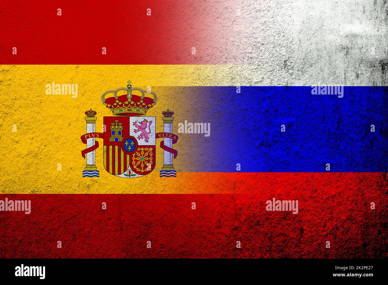 National flag of Russian Federation with Kingdom of Spain National flag. Grunge background Stock Photo