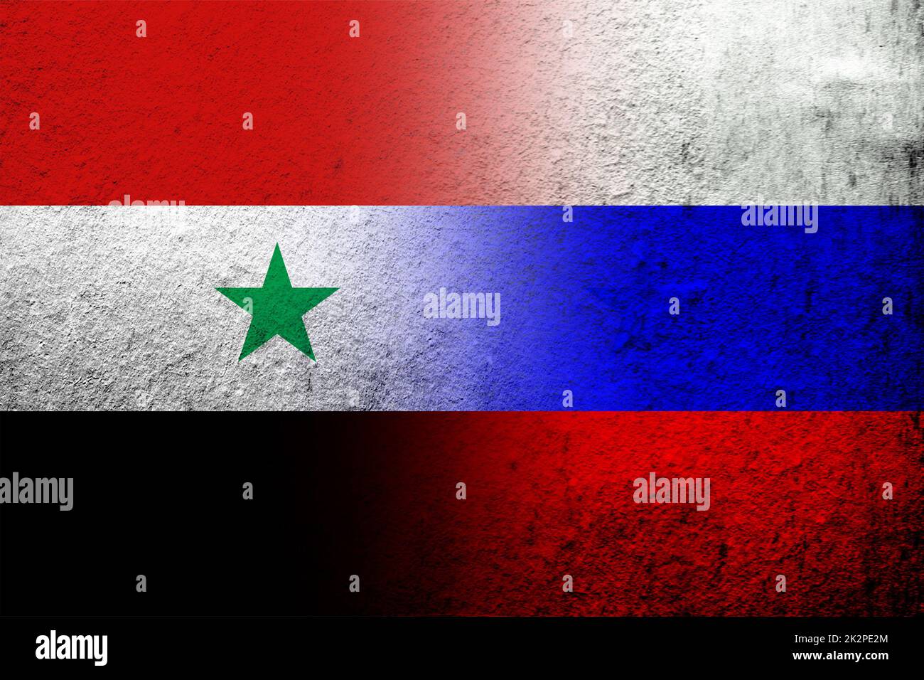 National flag of Russian Federation with The Syrian Arab Republic National flag. Grunge background Stock Photo