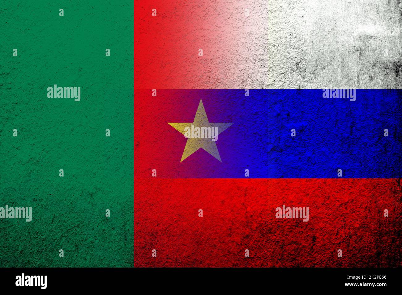 National flag of Russian Federation with The Republic of Cameroon National flag. Grunge background Stock Photo