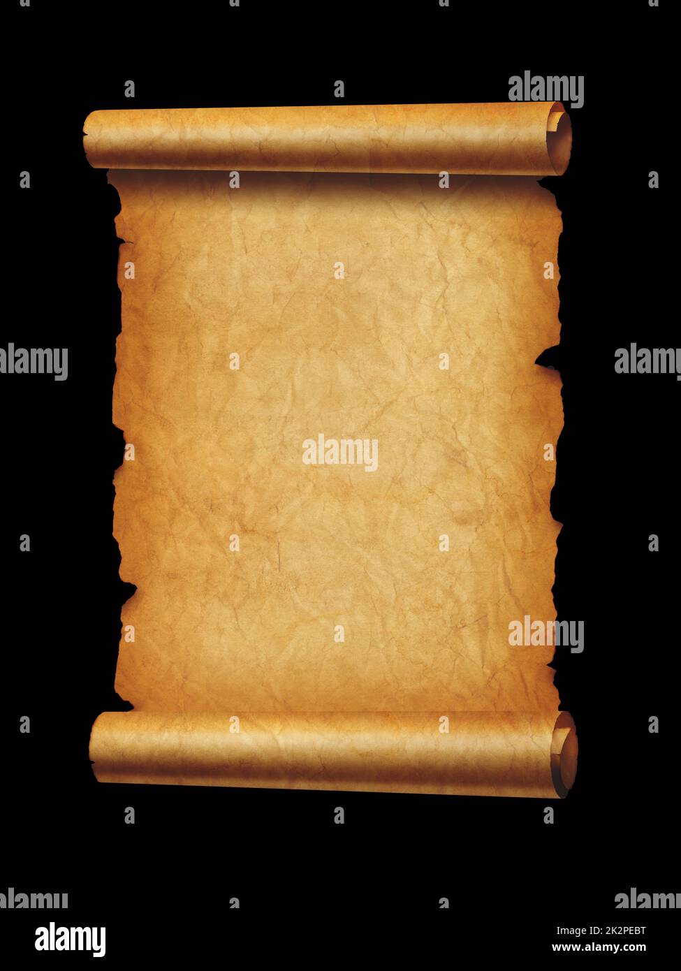 Old mediaeval paper sheet. Parchment scroll isolated on black Stock Photo