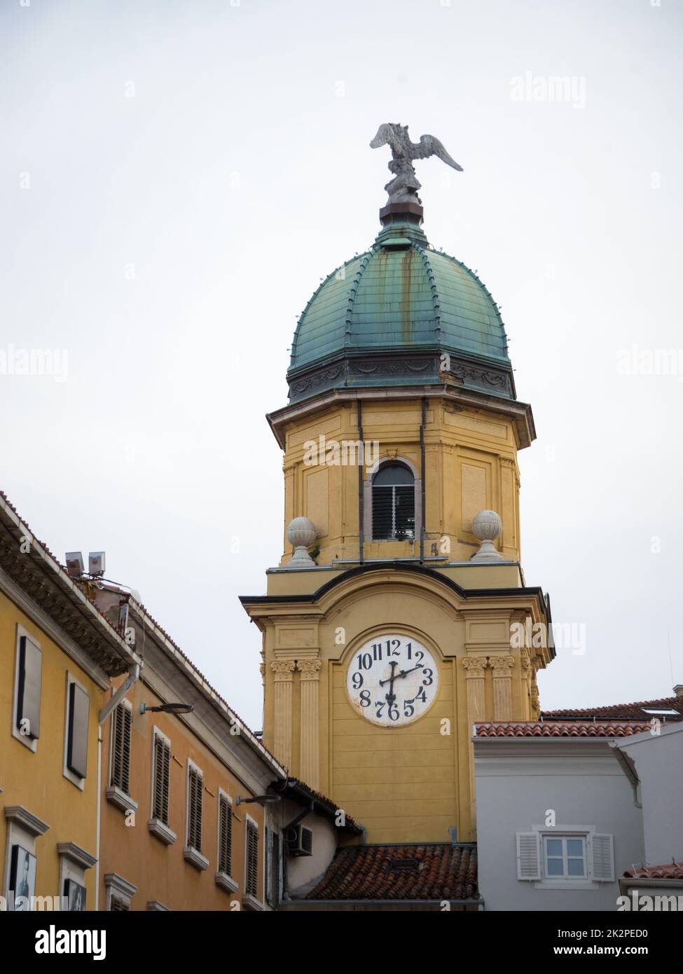 Facades of the Korzo street in Rijeka, croatia, with the city tower, or gradski toranj, a baroque clocktower from the 19th century, and a major landmark of Rijeka Stock Photo
