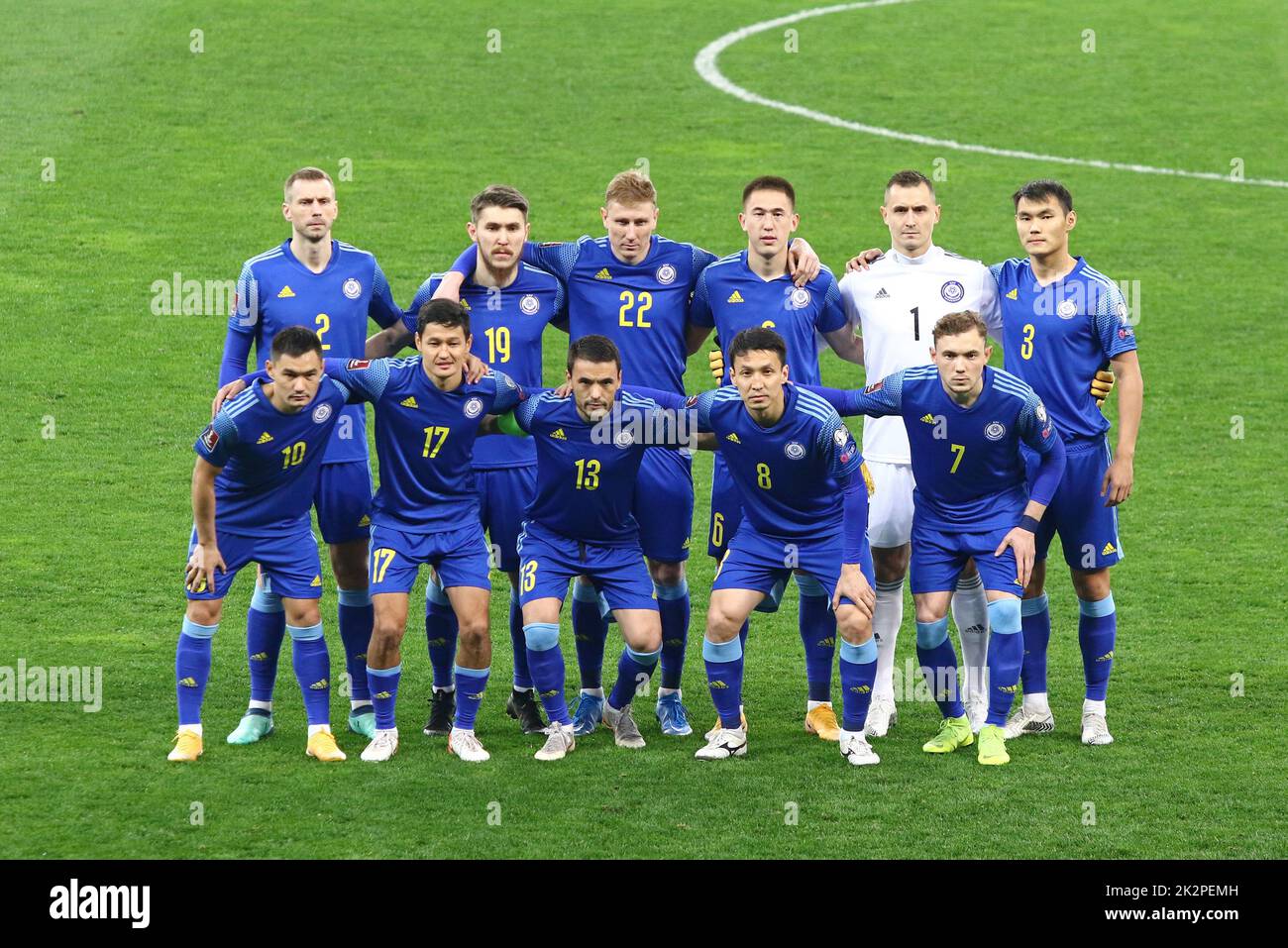 KYIV, UKRAINE - MARCH 31, 2021: Players of Kazakhstan National Team pose for a group photo before the FIFA World Cup 2022 Qualifying round game Ukraine v Kazakhstan at NSC Olimpiyskiy stadium in Kyiv Stock Photo