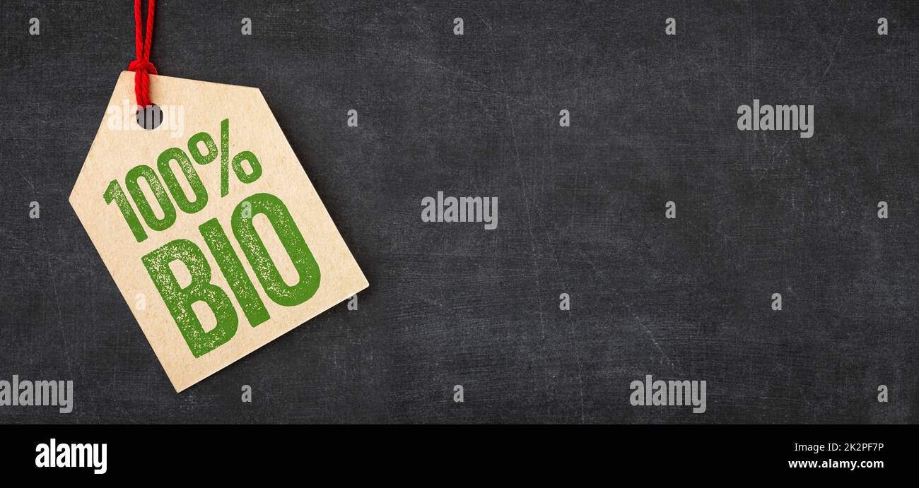Tag on a blackboard - 100 percent Bio Stock Photo