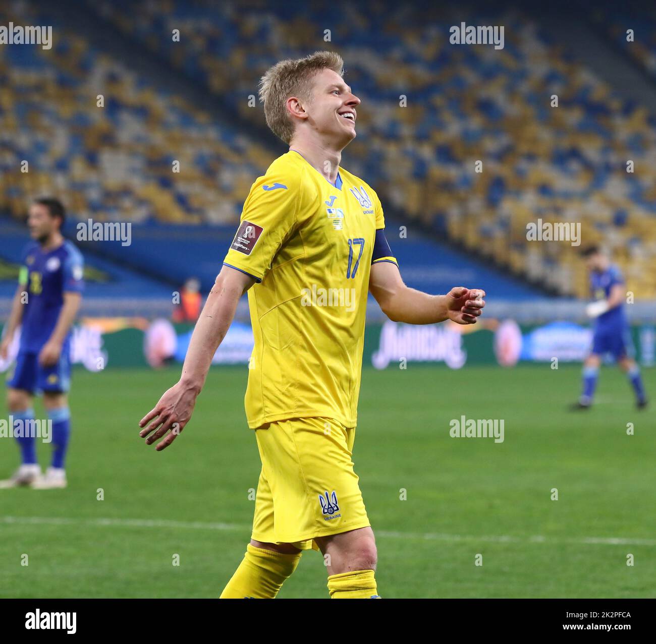 KYIV, UKRAINE - MARCH 31, 2021: Oleksandr Zinchenko of Ukraine reacts after missed a goal during the FIFA World Cup 2022 Qualifying round game against Kazakhstan at NSC Olimpiyskiy stadium in Kyiv Stock Photo