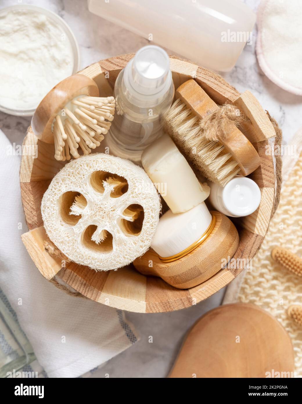 Sauna bucket with organic natural cosmetics and reusable accessories