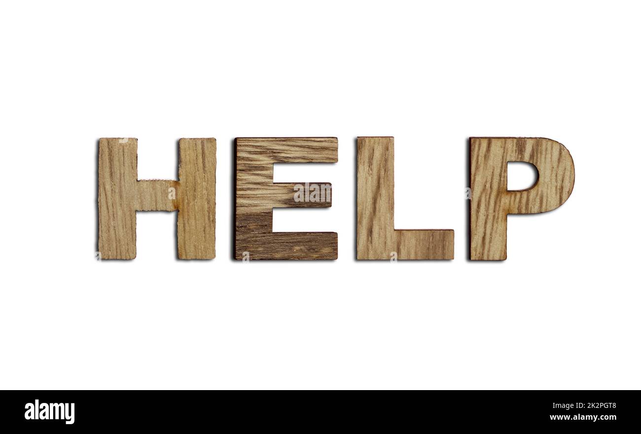 Help, word written in wooden alphabet letters isolated. Support and assistance to people Stock Photo
