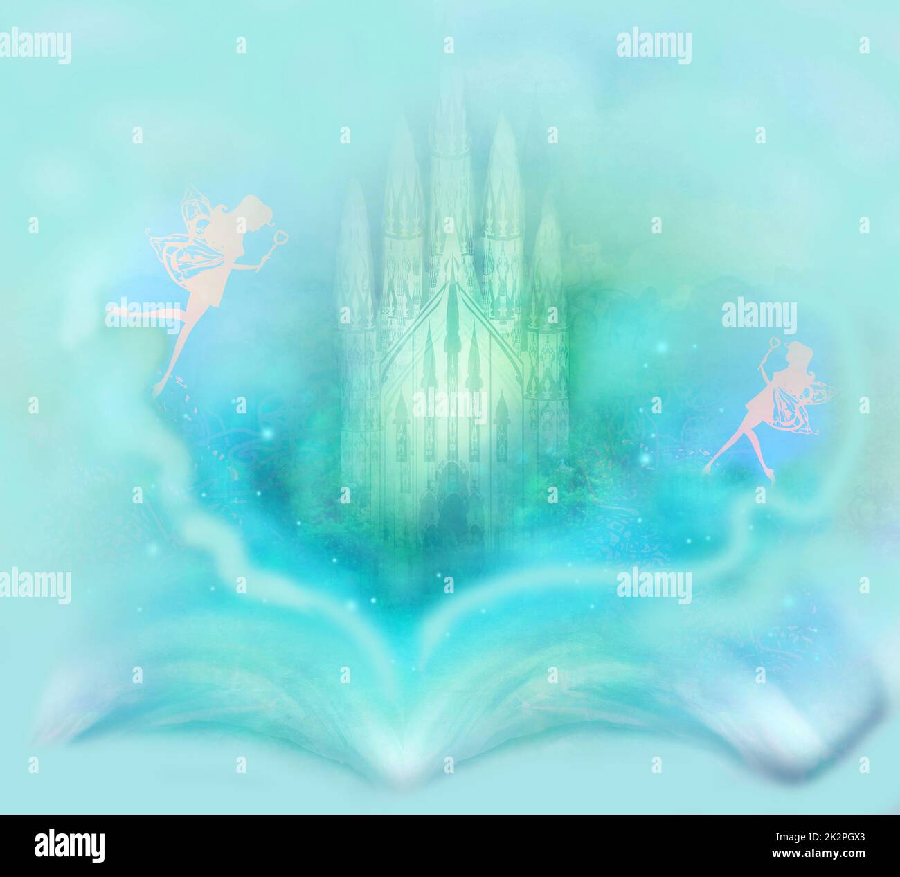 Magic world of tales, fairy castle appearing from the book Stock Photo ...