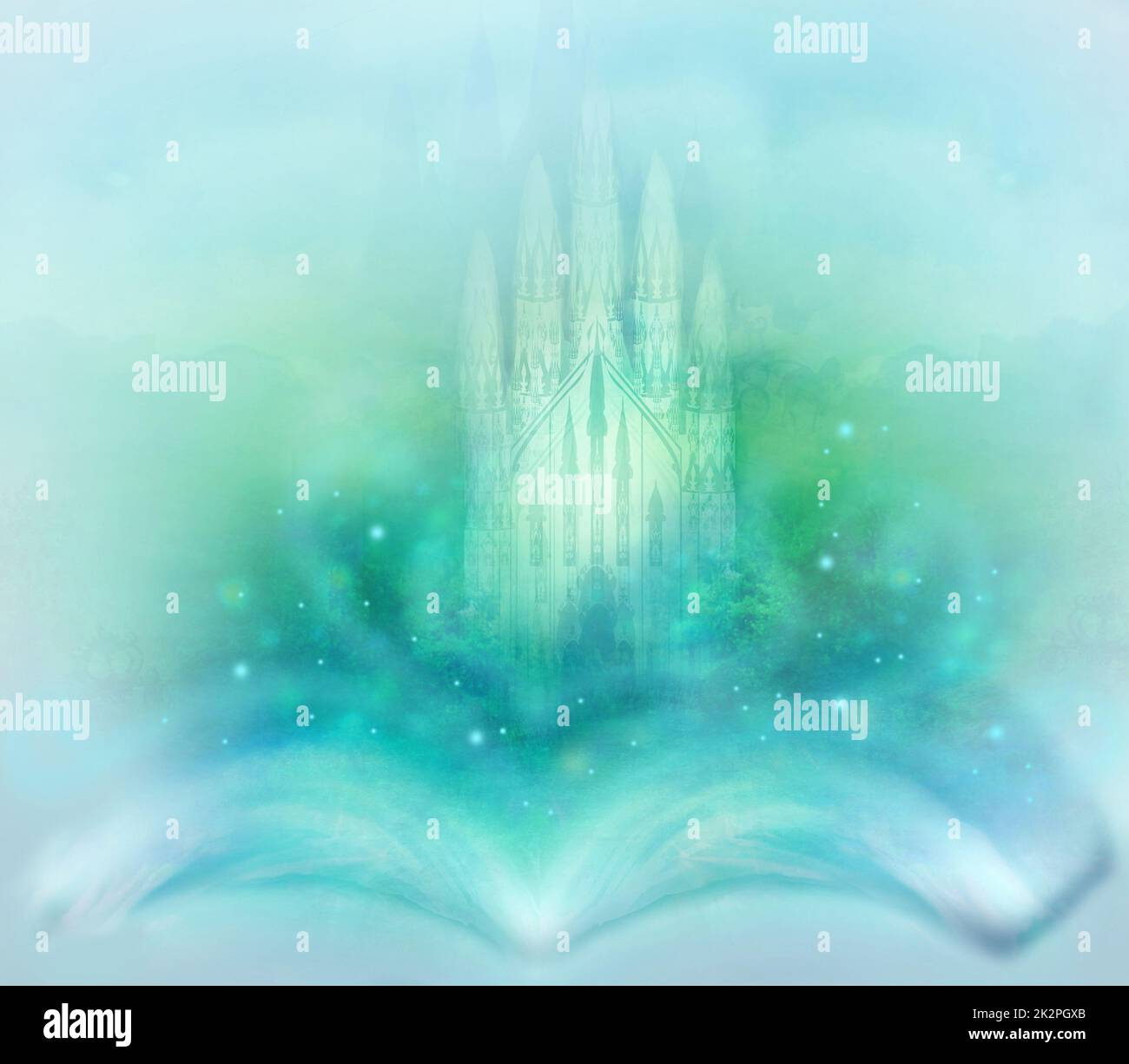 Magic world of tales, fairy castle appearing from the book Stock Photo ...