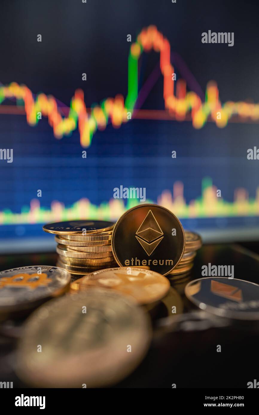 Silver Ethereum with candle stick graph chart and digital background