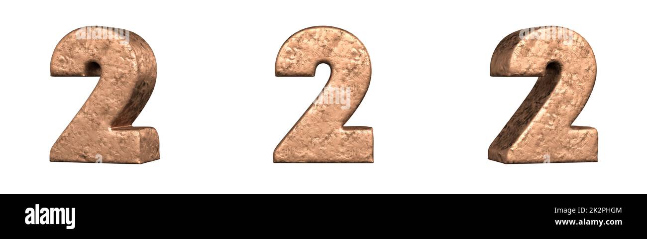 Number 2 (Two) from Copper numbers collection set. Isolated. 3D Rendering Stock Photo
