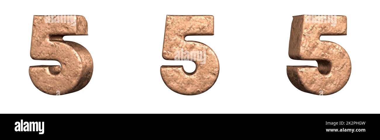 Number 5 (Five) from Copper numbers collection set. Isolated. 3D Rendering Stock Photo