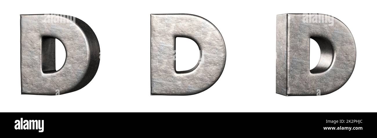 Letter D from a scratched iron letters collection. Isolated. 3D Rendering Stock Photo