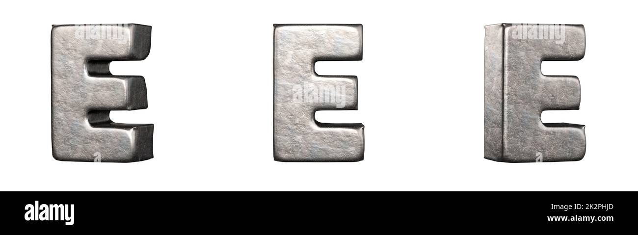 Letter E from a scratched iron letters collection. Isolated. 3D Rendering Stock Photo