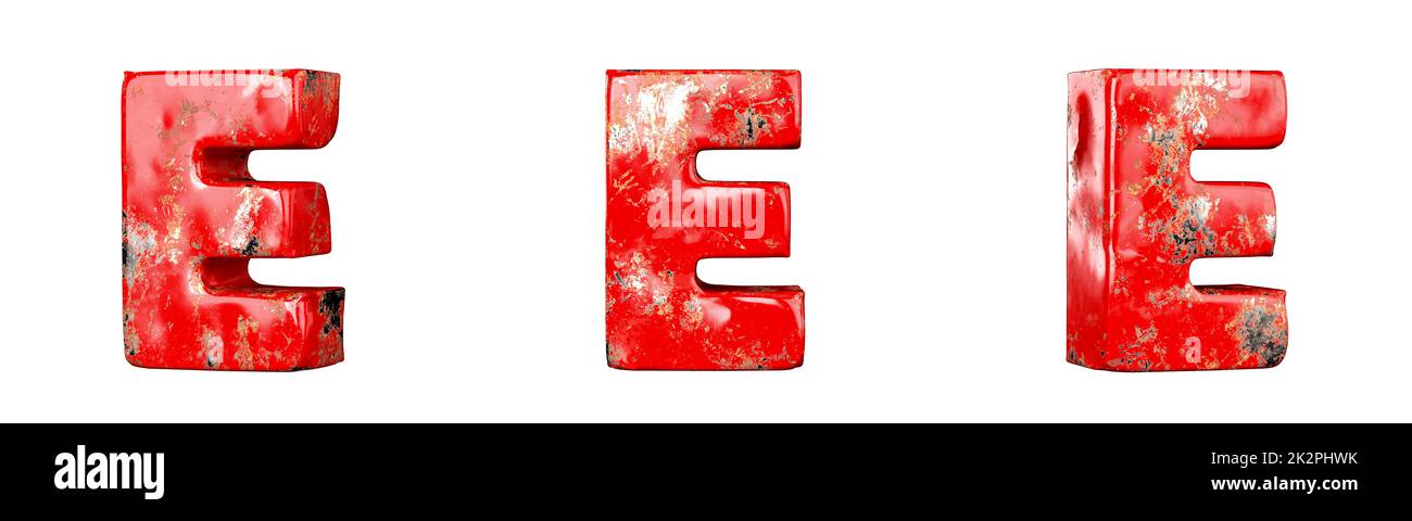 Letter E from Red scratched metallic letters alphabet collection set. Isolated. 3D Rendering Stock Photo