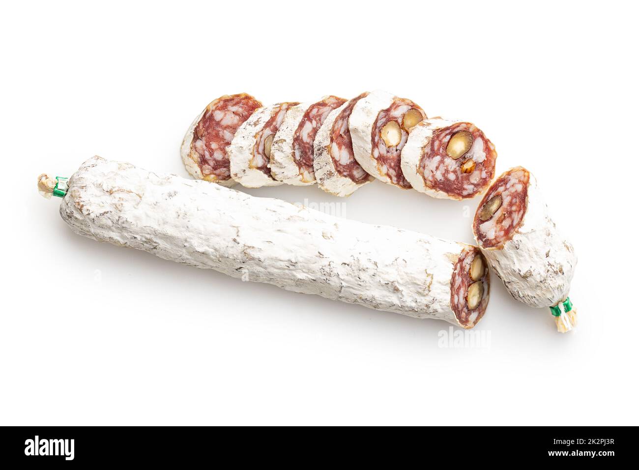 Traditional sausage with white mold. Dried sliced pork salami isolated