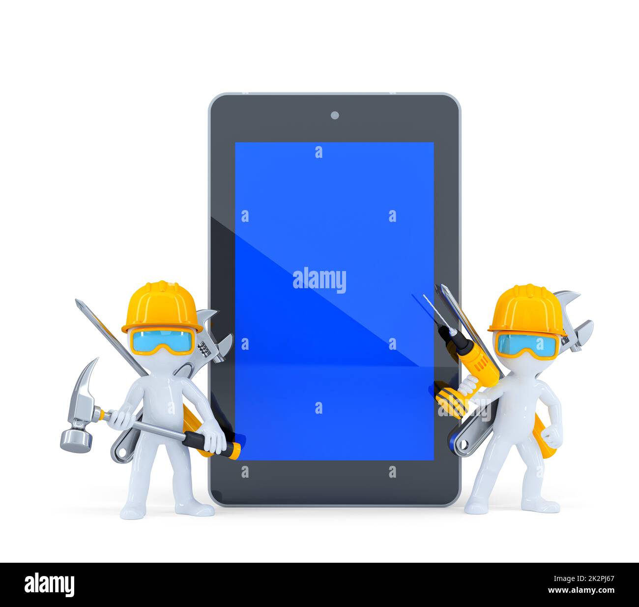 Construction workers with tablet pc. Isolated. Contains clipping path of tablet screen and entire scene Stock Photo