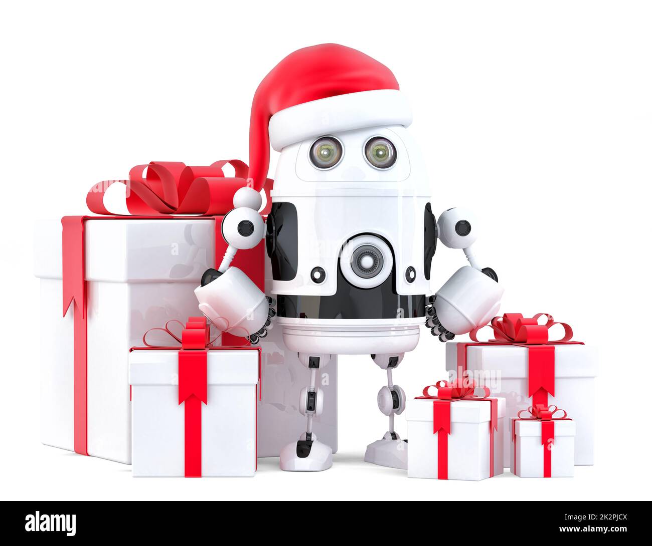 Robot Santa with gift boxes. Christmas concept. Isolated, contains clipping path Stock Photo