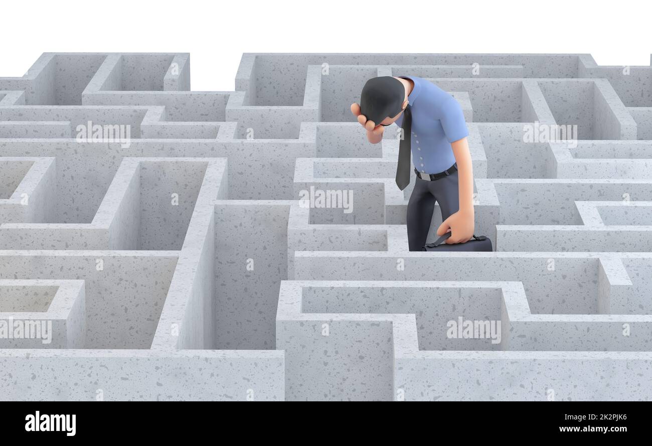 Depressed businessman standing in the middle of a maze. Isolated. Contains clipping path Stock Photo