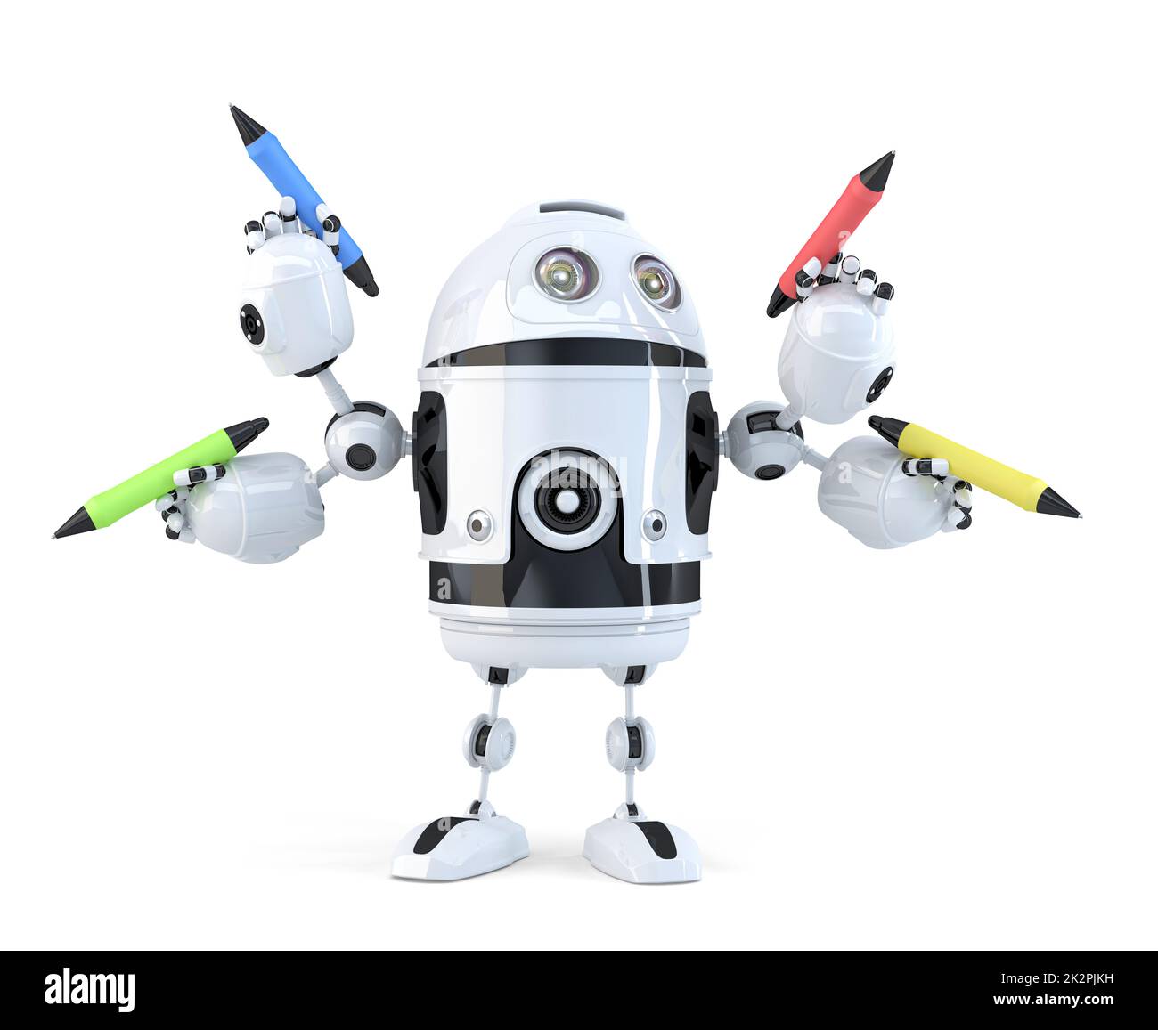 Robot with pencils. Multitasking concept. Isolated. Contains clipping path Stock Photo
