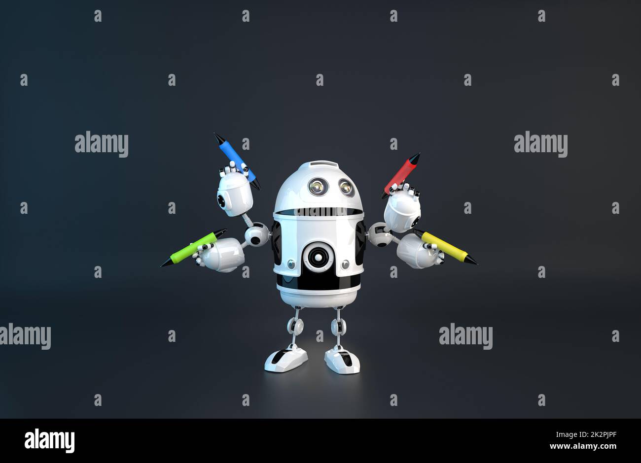 Fourarmed robot with pencils. Multitasking concept. Contains clipping