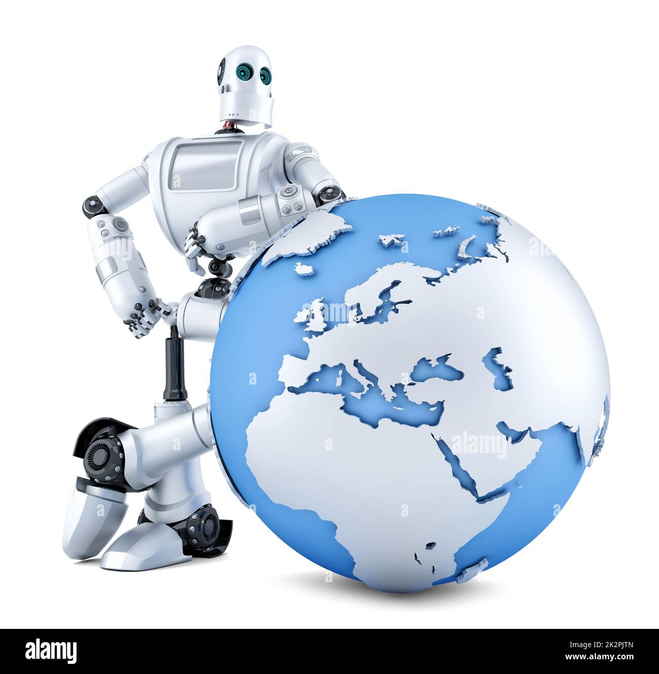 Robot with earth globe. Isolated. Contains clipping path Stock Photo