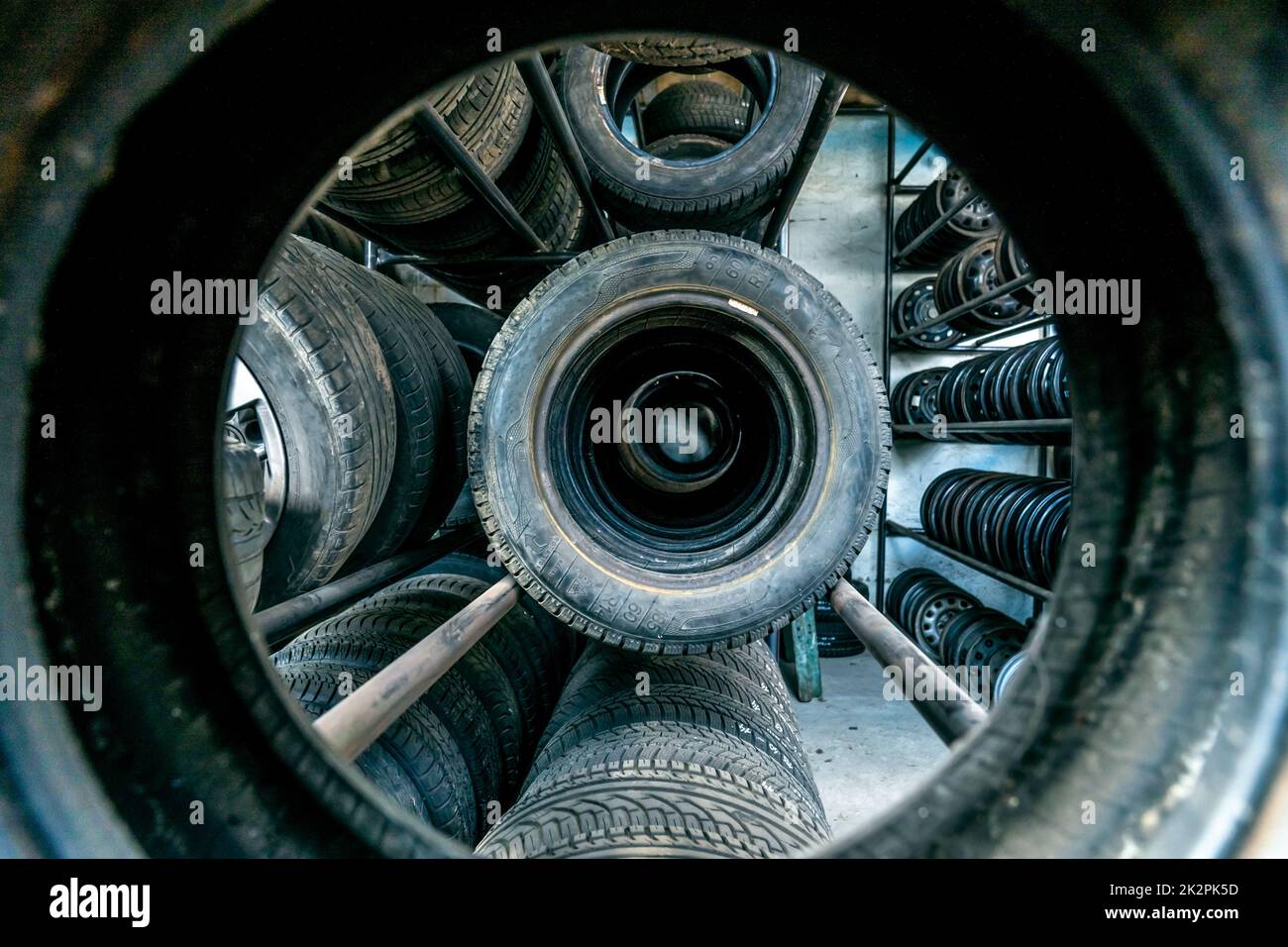 use car tires on the shelf in stock Stock Photo