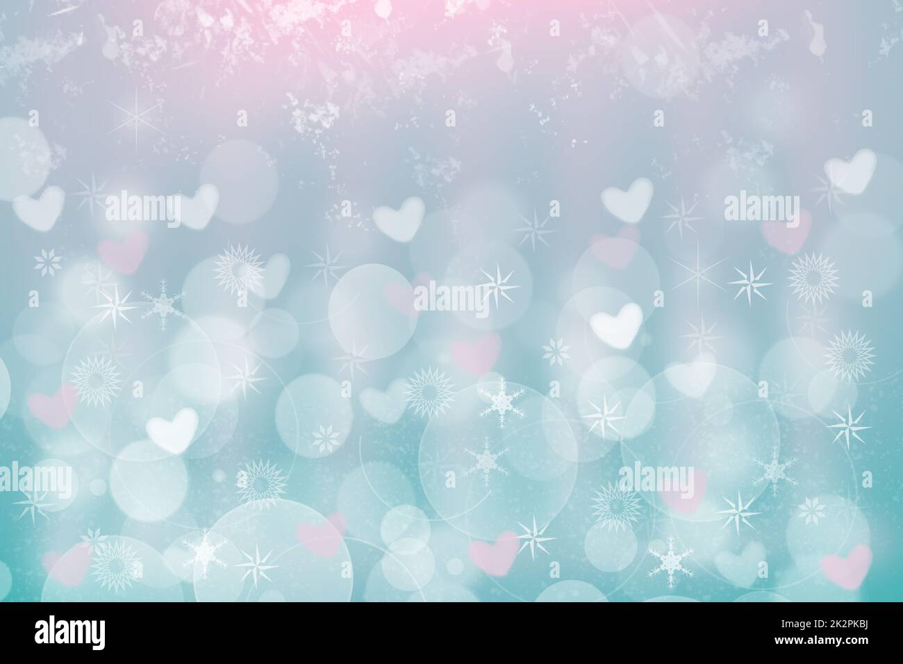 Valentines or mothers day card template. Abstract delicate romantic illustrated blue gradient pink background texture with pink and white bokeh hearts. Beautiful backdrop. Stock Photo