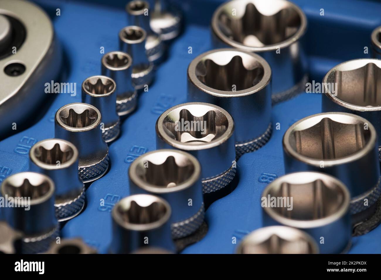 New socket wrench set in a blue tool box Stock Photo Alamy