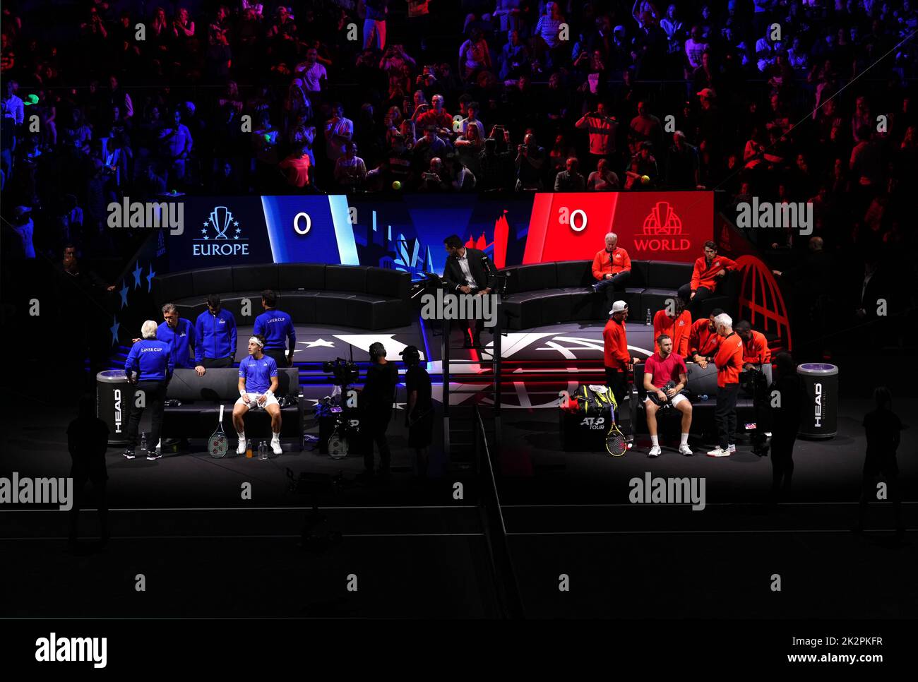Team Europe's Casper Rudd and Team World's Jack Sock react on day one of the Laver Cup at the O2 Arena, London. Picture date: Friday September 23, 2022. Stock Photo